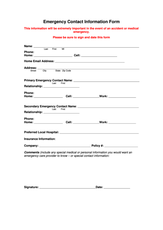 Fillable Emergency Contact Information Form Printable pdf
