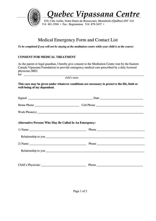 Medical Emergency Form And Contact List Printable pdf