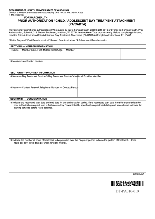 Fillable Prior Authorisation / Child / Adolescent Day Treatment Attachment Printable pdf