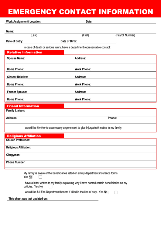 Emergency Contact Information Printable pdf