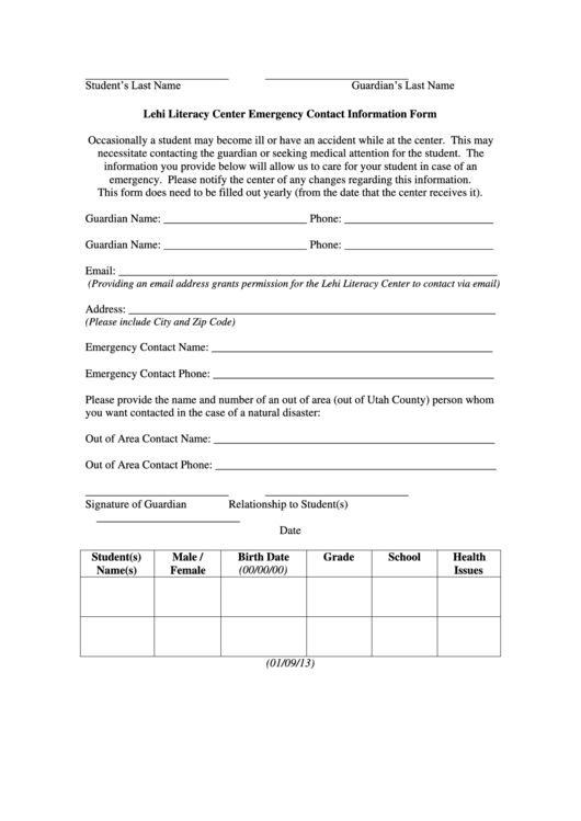 Lehi Literacy Center Emergency Contact Information Form Printable pdf