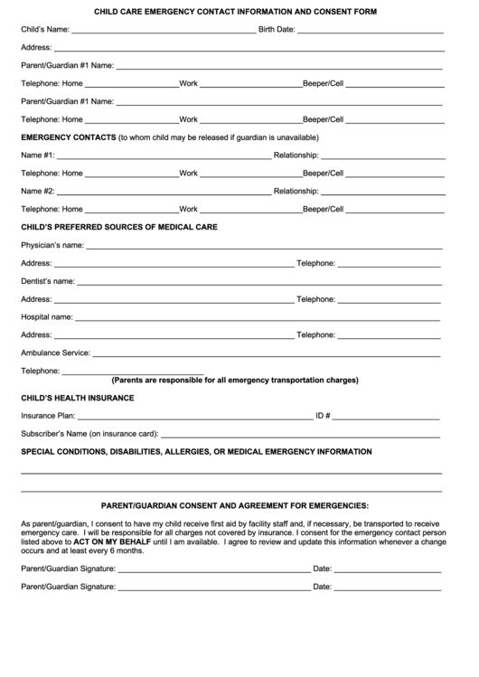 Child Care Emergency Contact Information And Consent Form Printable pdf