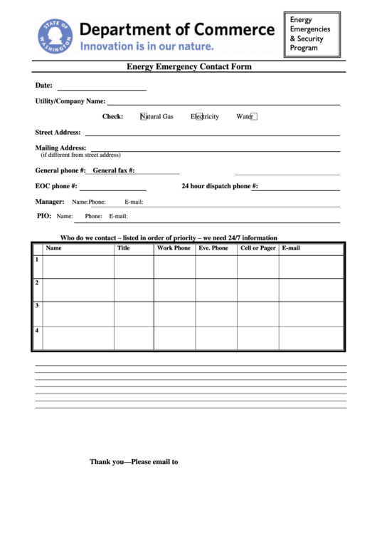 Energy Emergency Contact Form Printable pdf