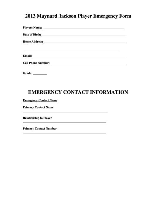 Maynard Jackson Player Emergency Form Printable pdf