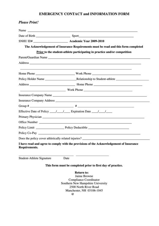 Emergency Contact And Information Form Printable pdf