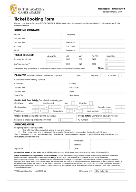 Ticket Booking Form Printable pdf