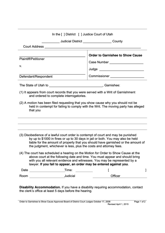 Order To Garnishee To Show Cause Form - Justice Court Of Utah Printable pdf