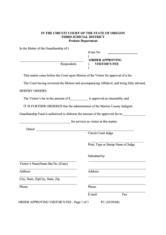 Order Approving Visitors Fee Form Printable pdf