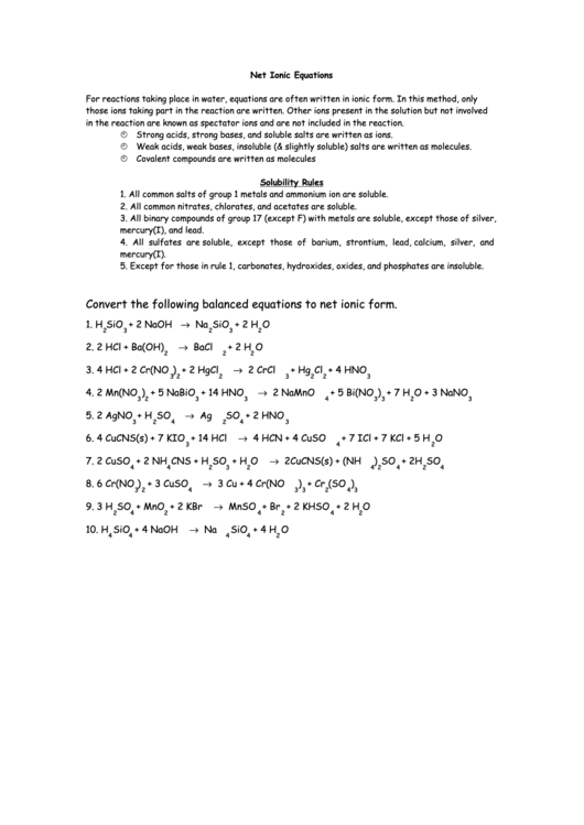 Net Ionic Equations Worksheet printable pdf download