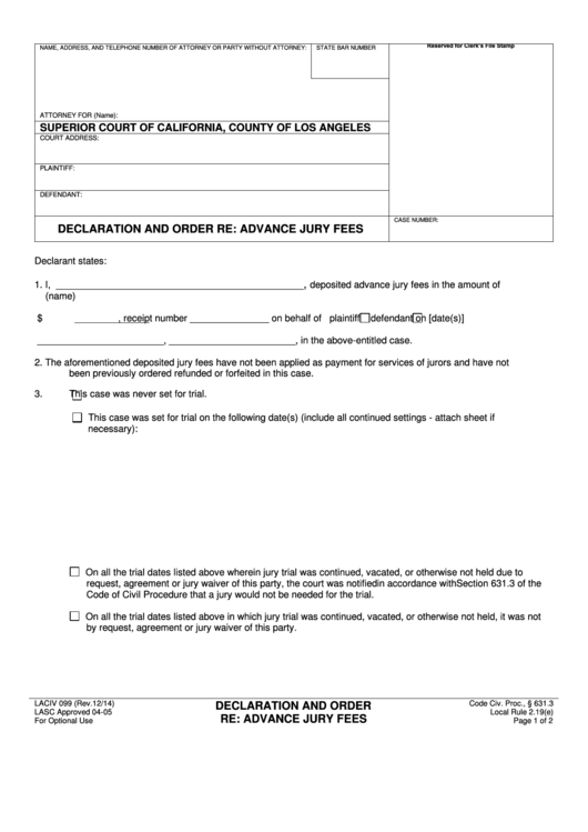 Fillable Declaration And Order Re Advance Jury Fees Printable pdf