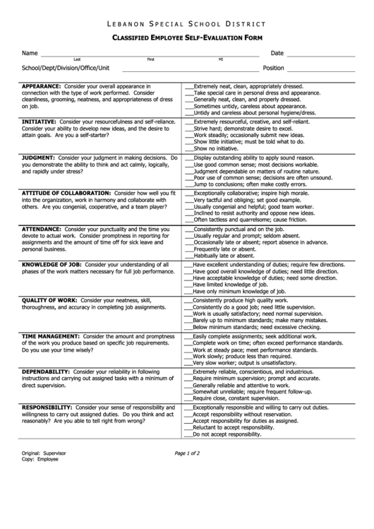 Classified Employee Self Evaluation Form Printable pdf