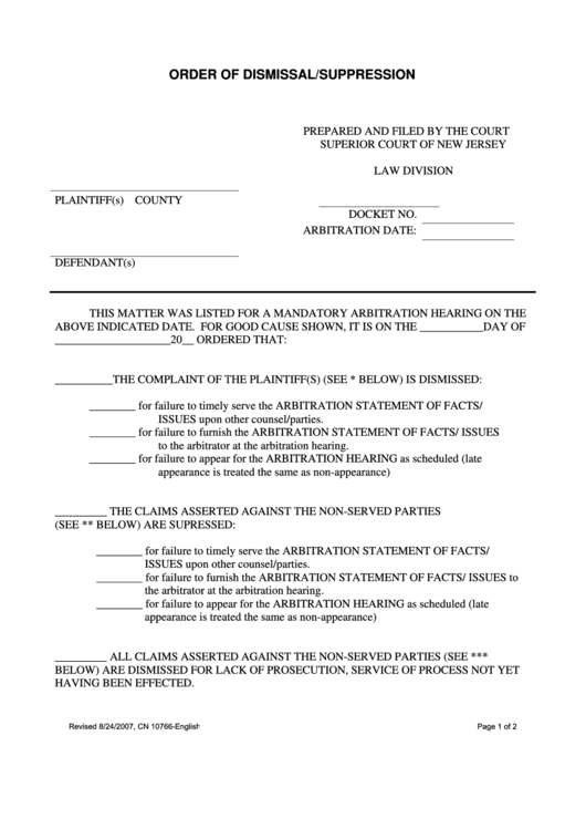 Order Of Dismissal Suppression Printable pdf