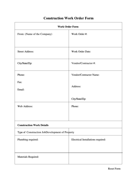 Fillable Construction Work Order Form Printable pdf