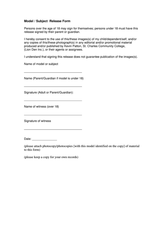 Model Subject Release Form Printable pdf