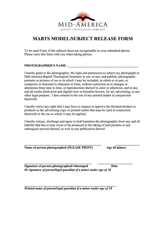 Model Release Form - Mabts Printable pdf