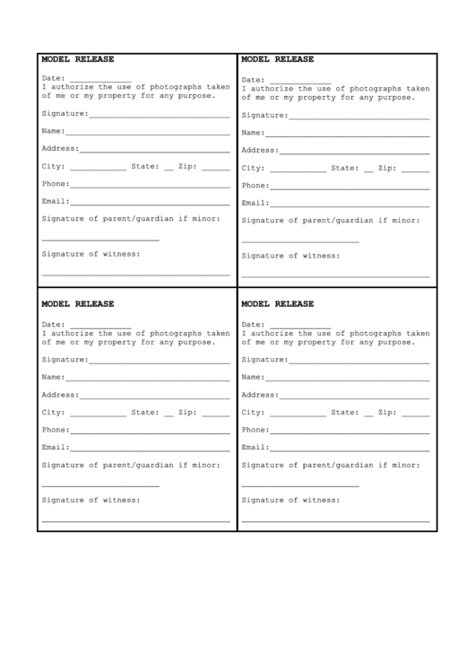 Model Release Form - 4 Per Page Printable pdf
