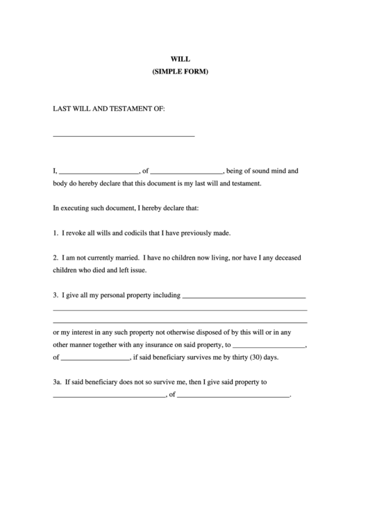 Fillable Last Will And Testament Form (Simple Form) Printable pdf