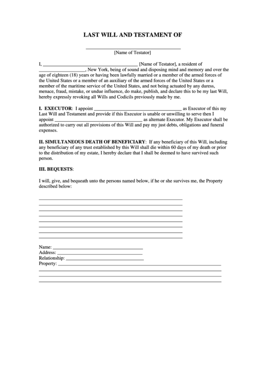 Last Will And Testament Form New York printable pdf download