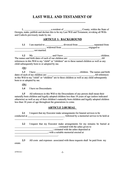 Last Will And Testament Template - Short Printable pdf