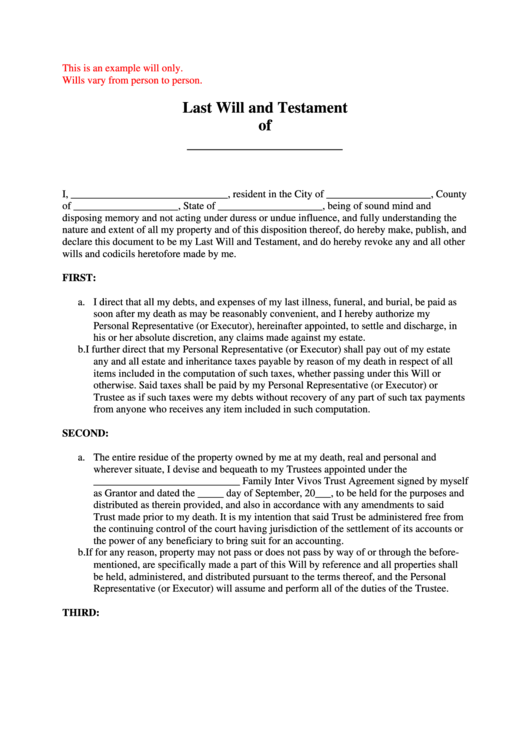 Last Will And Testament Template Printable pdf