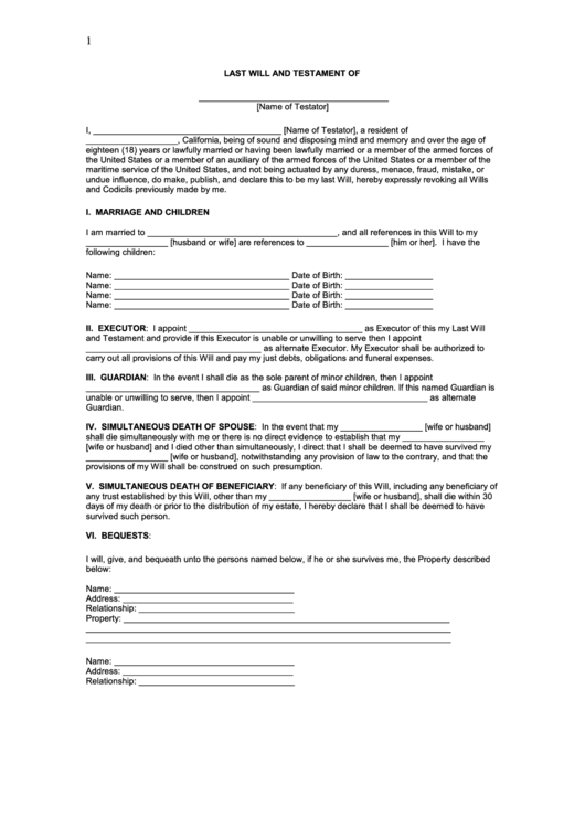 Fillable Last Will And Testament Of Printable pdf