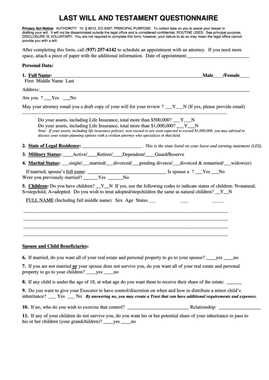 Last Will And Testament Questionnaire Printable pdf