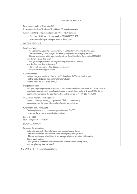 Sample Budget Form - Childcare Printable pdf