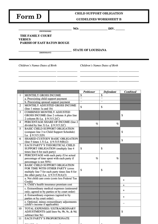 Form D - The Family Court - Child Support Obligation Guidelines Worksheet Template Printable pdf