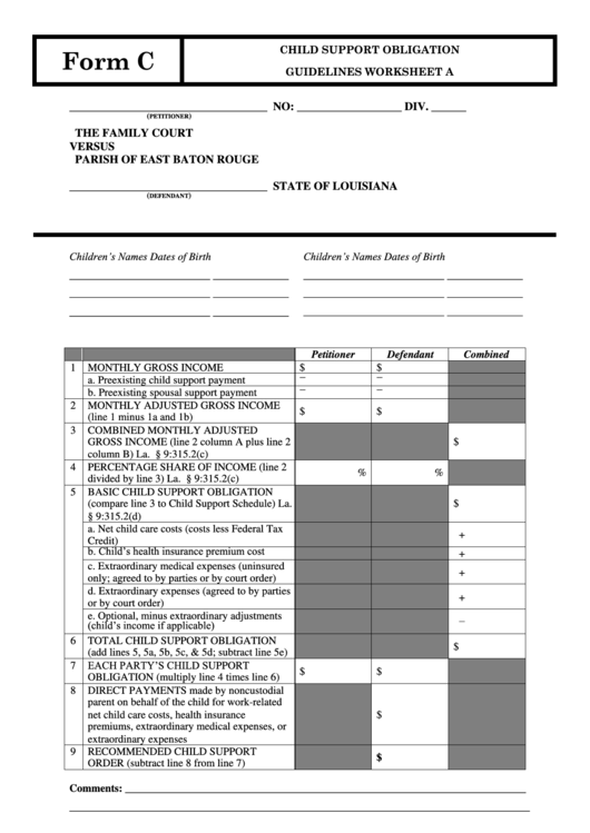 Form C Child Support Obligation Guidelines Worksheet Printable pdf