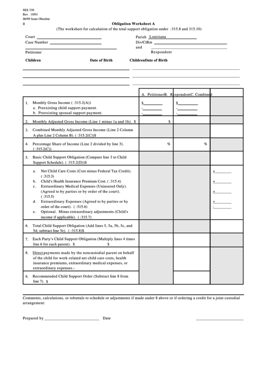Fillable Obligation Worksheet Printable pdf