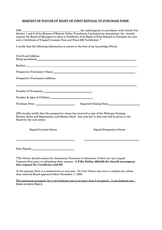 Request Of Waiver Of Right Of First Refusal To Purchase Form Printable pdf