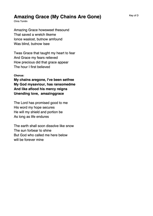 Chris Tomlin Amazing Grace (My Chains Are Gone) Lyrics printable pdf