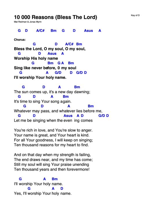 10 000 Reasons (Bless The Lord) - Worship Chord Chart Printable pdf