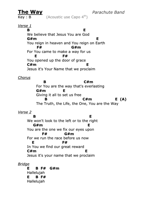 The Way (B) - Parachute Band - Worship Chord Chart Printable pdf