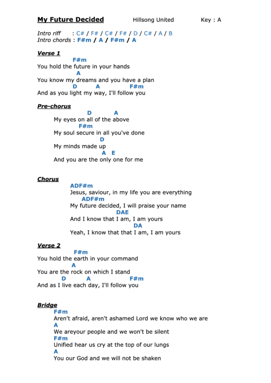 My Future Decided (A) - Hillsong United Key A - Worship Chord Chart Printable pdf