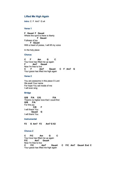 Lifted Me High Again - Worship Chord Chart Printable pdf