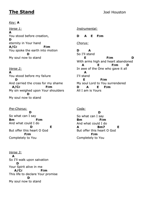 The Stand (A) - Joel Houston - Worship Chord Chart Printable pdf