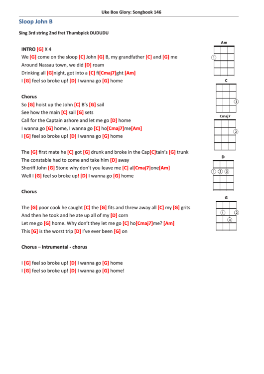 Sloop John B - Ukulele Chord Chart Printable pdf