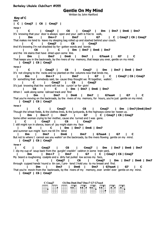 Gentle On My Mind By John Hartford (Ukulele Chord Chart) Printable pdf