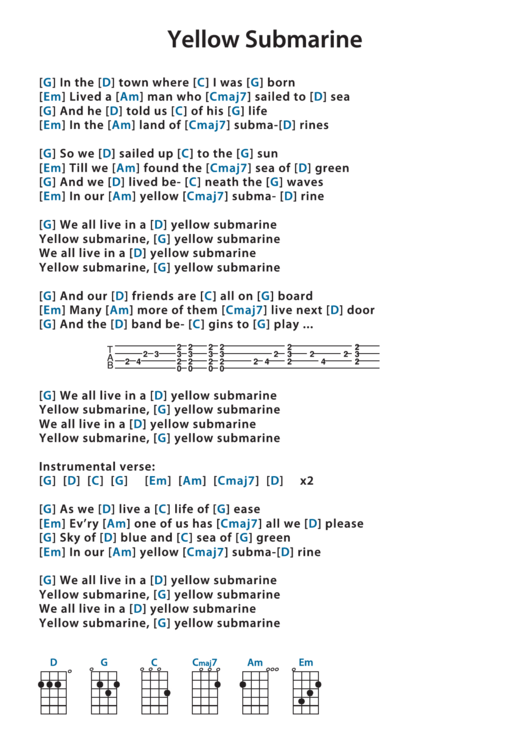 Yellow Submarine - Ukulele Chord Chart Printable pdf