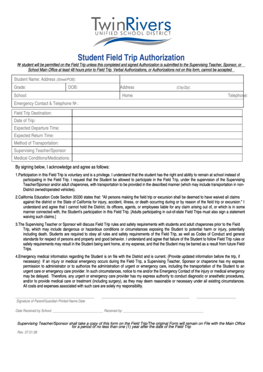 Student Field Trip Authorization - Twin Rivers Unified School District Printable pdf