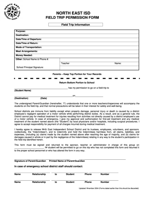 Fillable Field Trip Permission Form Printable pdf