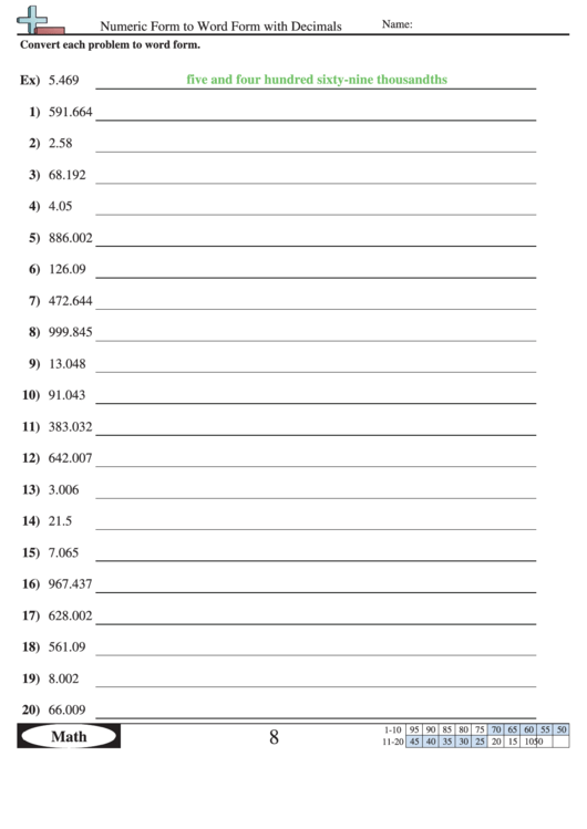 Numeric Form To Word Form With Decimals Worksheet With Answer Key Printable pdf