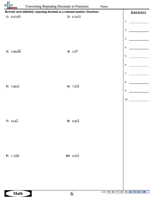 converting repeating decimals to fractions worksheet with answer key