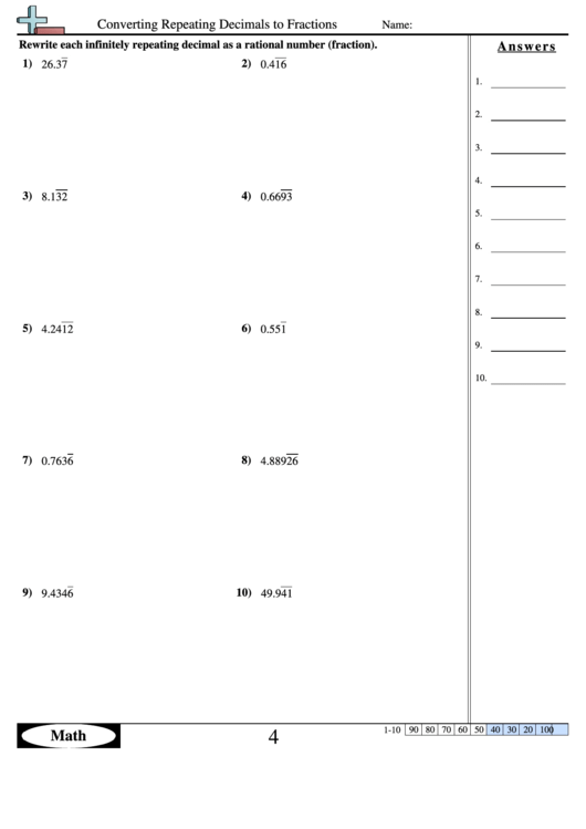 Converting Repeating Decimals To Fractions Worksheet With Answer Key