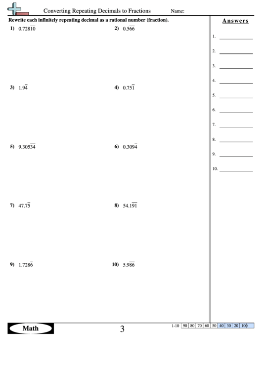 Converting Repeating Decimals To Fractions Worksheet With Answer Key Printable pdf