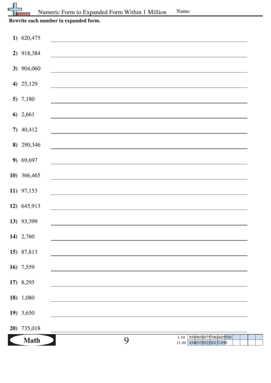 Reading And Writing Numbers To 1 Million Worksheet