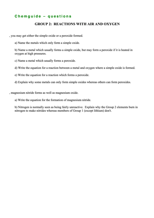 Chemguide Questions Chemistry Paper Group 2: Reactions With Air And Oxygen Printable pdf