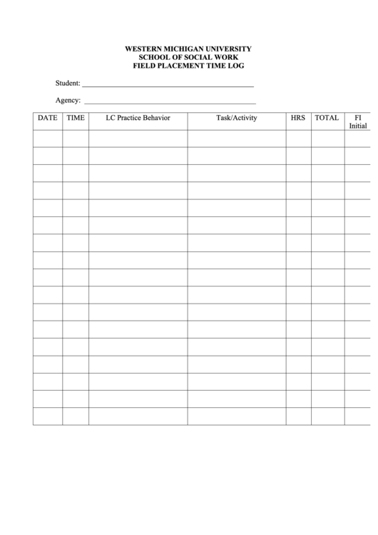 Field Placement Time Log Printable pdf