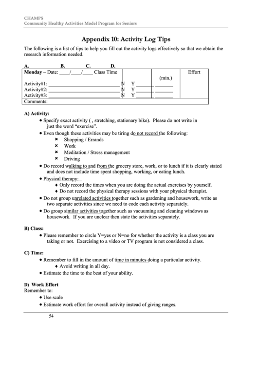 Activity Log Tips Printable pdf